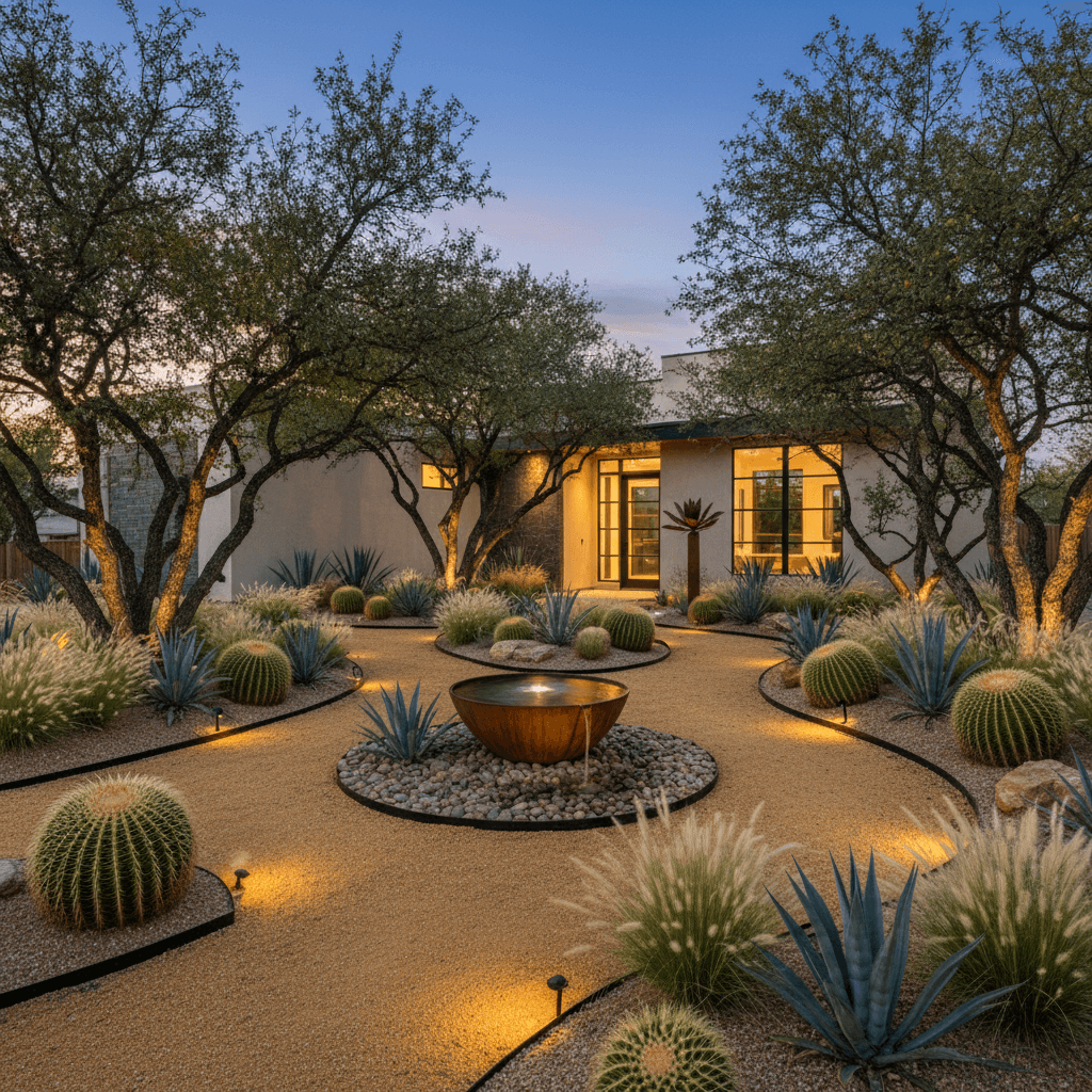 A desert xeriscape with golden decomposed granite paths, a corten steel water bowl, agave, barrel cactus, and feather grass.