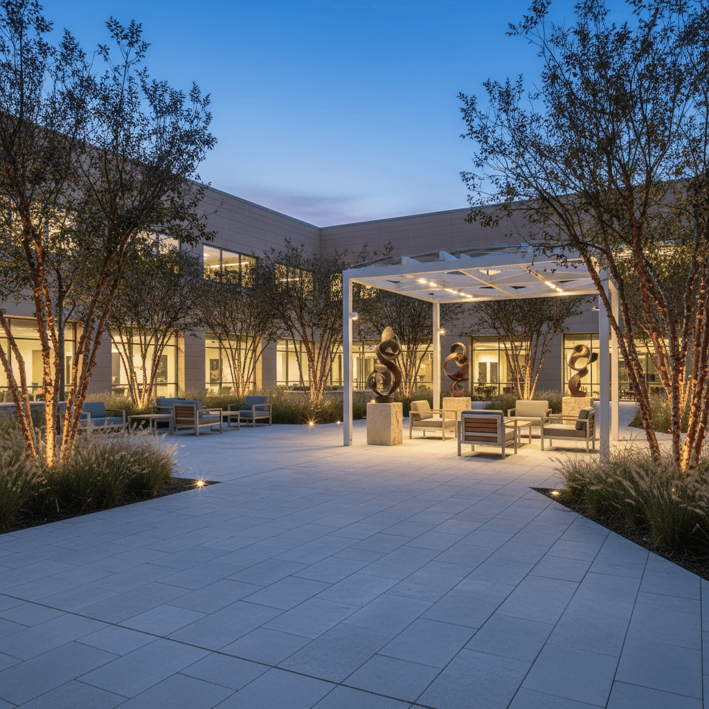A commercial courtyard at dusk with light gray pavers, a white steel pergola, abstract bronze sculptures, and multi-trunk trees.