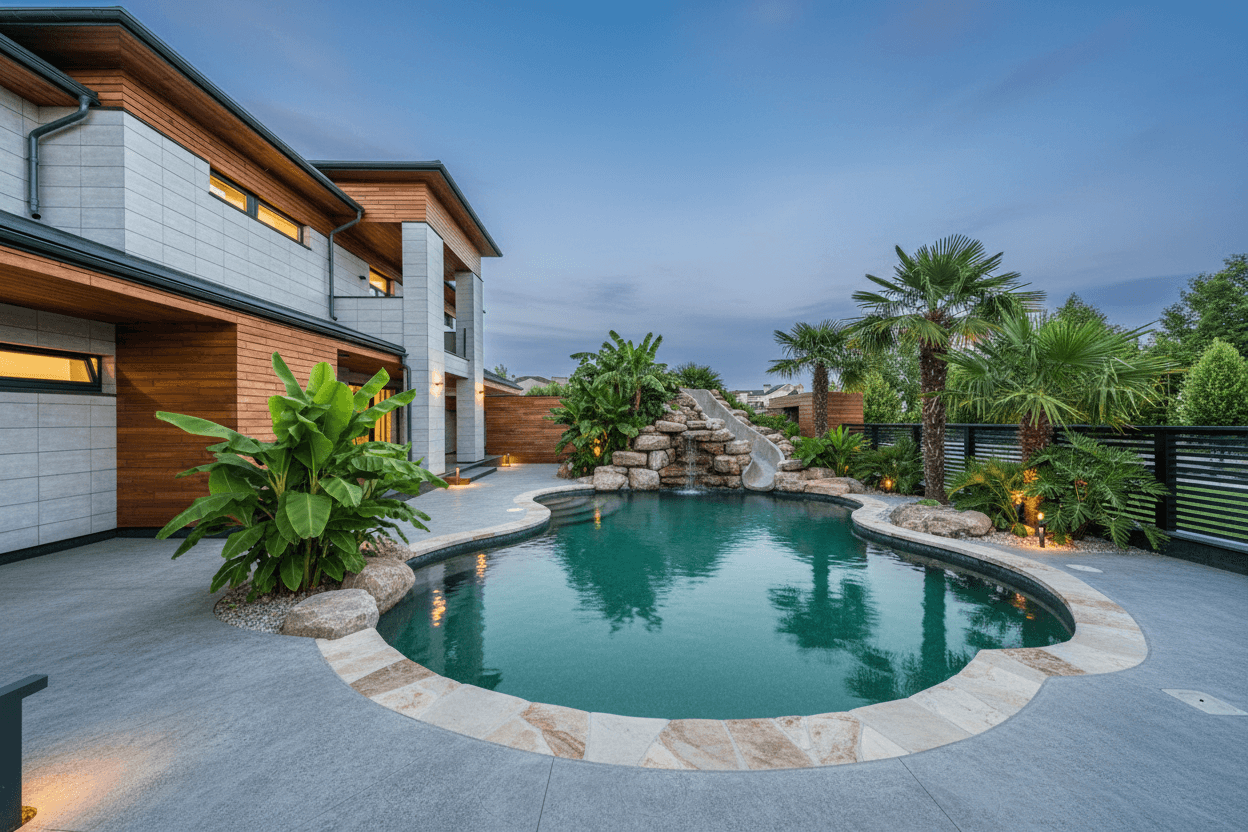 A freeform lagoon pool with flagstone coping, a cool-gray concrete deck, and a boulder slide with a waterfall.