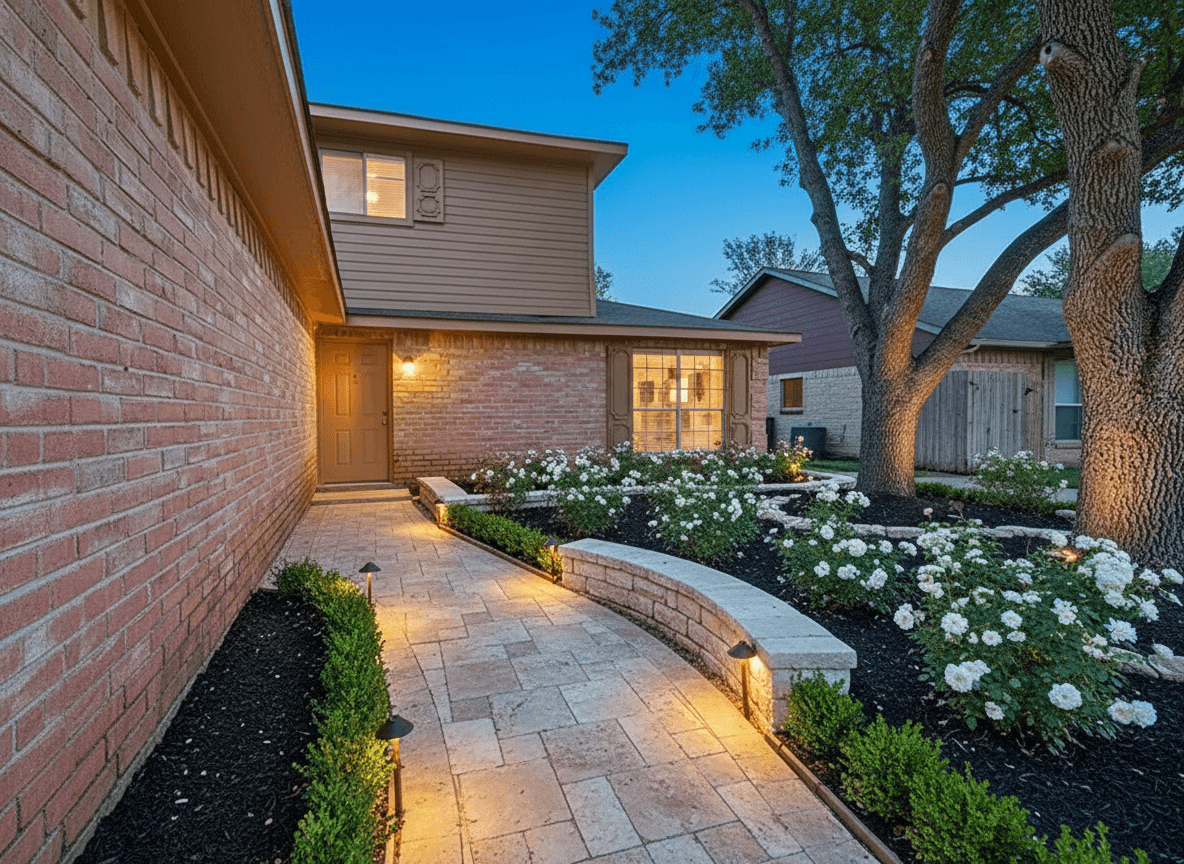 A front yard with a curved travertine walkway, low stone seat wall, white roses, and clipped boxwood borders.