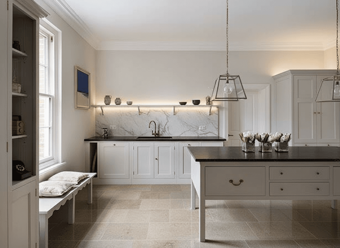 A kitchen with black countertops, white shaker cabinets, a marble slab backsplash, and light-colored tile flooring.