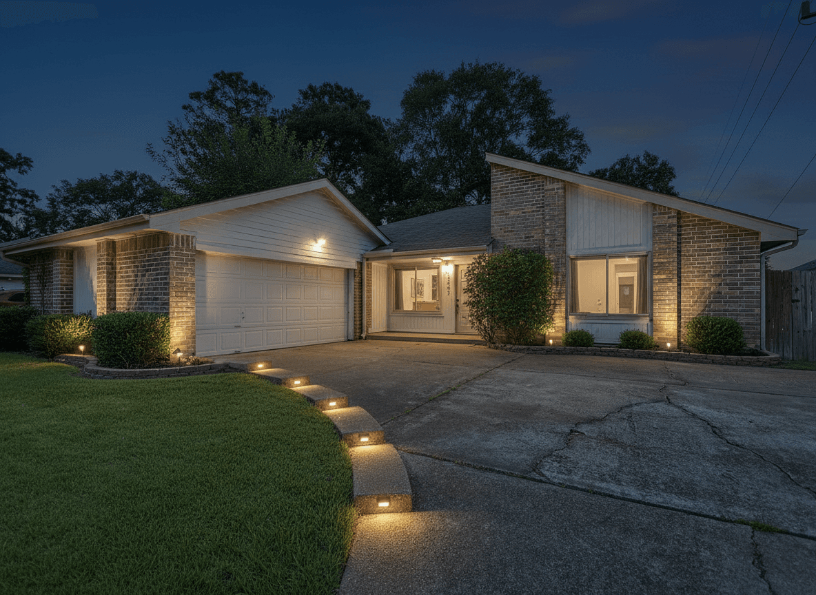 Front exterior of a Dallas-style home at dusk with step lights along a curved path and spotlights illuminating shrubs.