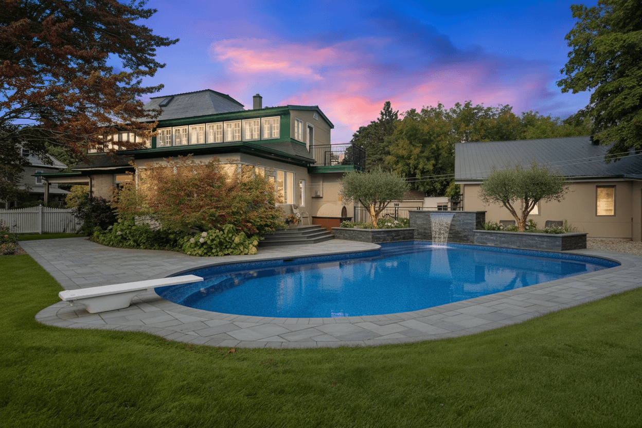 A backyard pool with a curved edge, light gray paver patio, and a sheer descent water feature from a stacked slate wall.