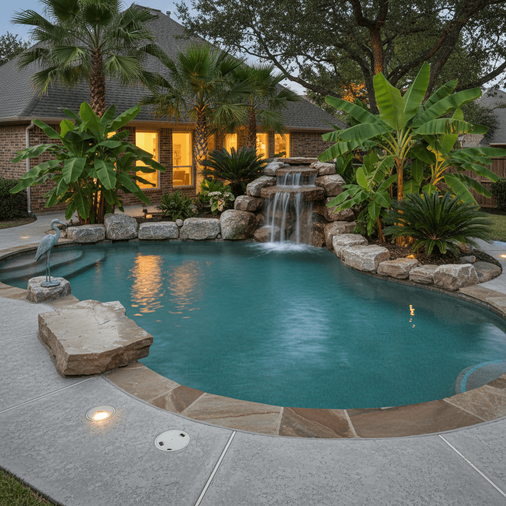 Freeform lagoon pool with flagstone coping, a large jumping rock, and a boulder waterfall surrounded by tropical plants.