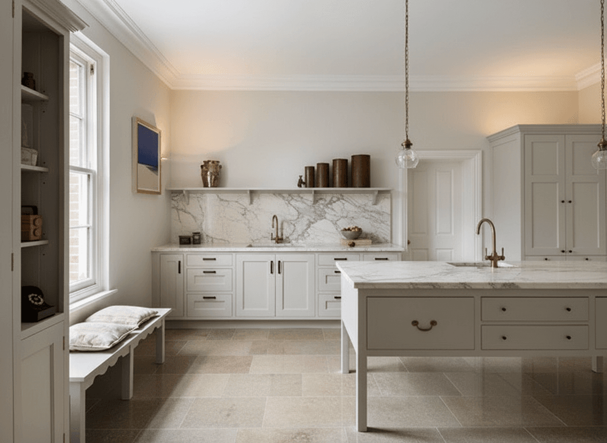 A light-filled kitchen with a creamy marble island, white shaker cabinets, and a full-height marble slab backsplash.