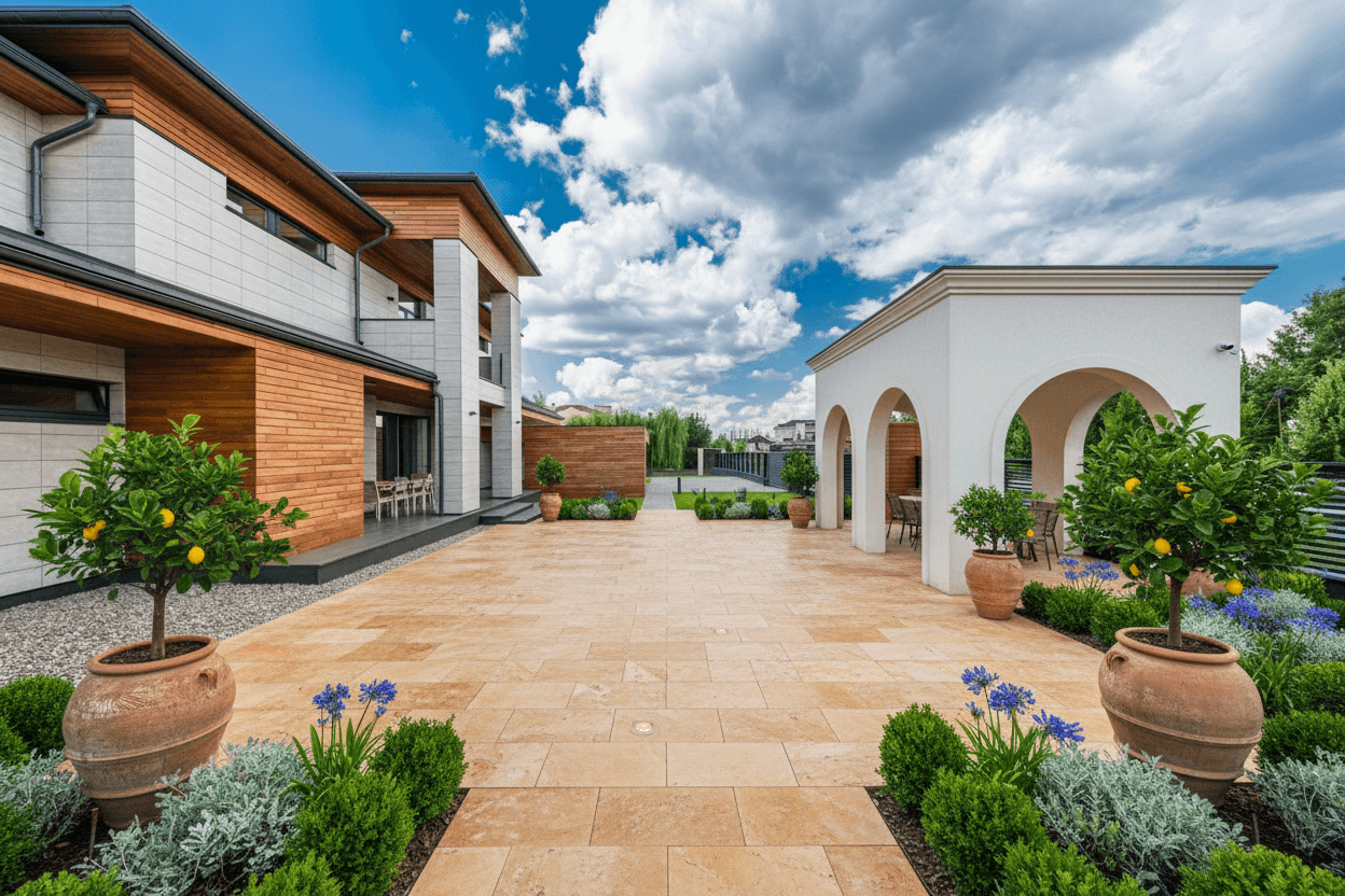 An outdoor dining terrace with light brown travertine paving, a white stucco loggia, and potted lemon trees.