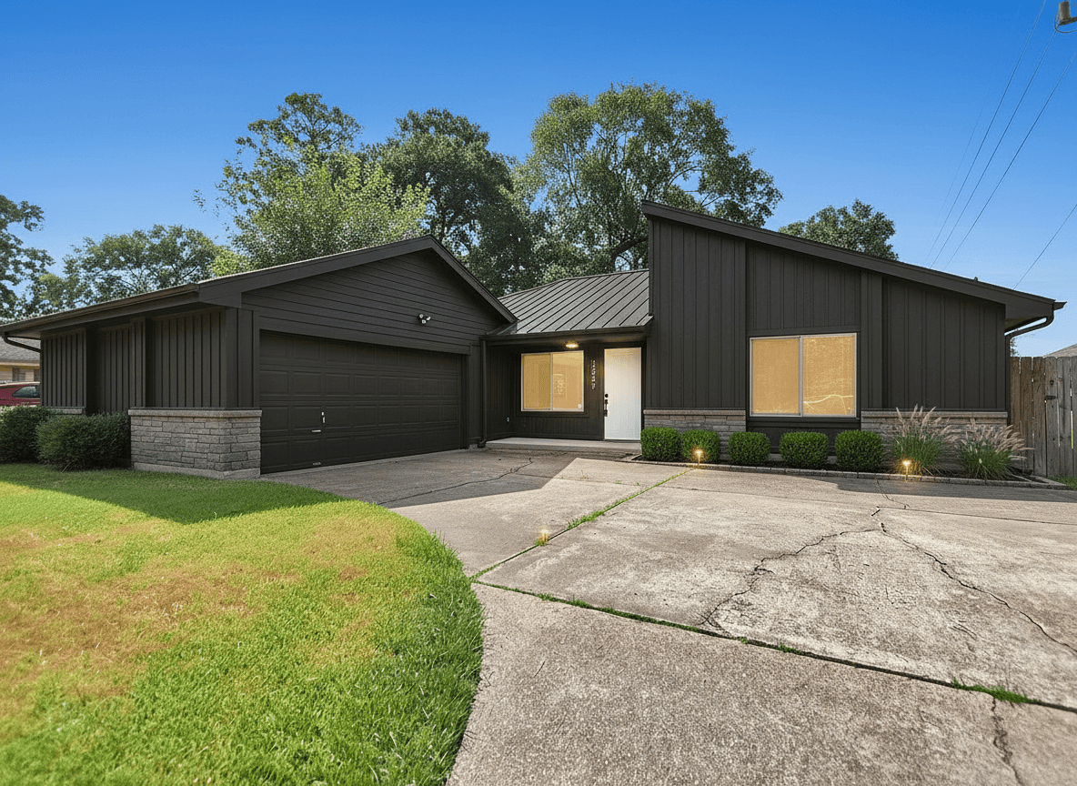 A modern house exterior with dark vertical timber siding, a low stone base, and a charcoal metal roof. The front door is white, and the land