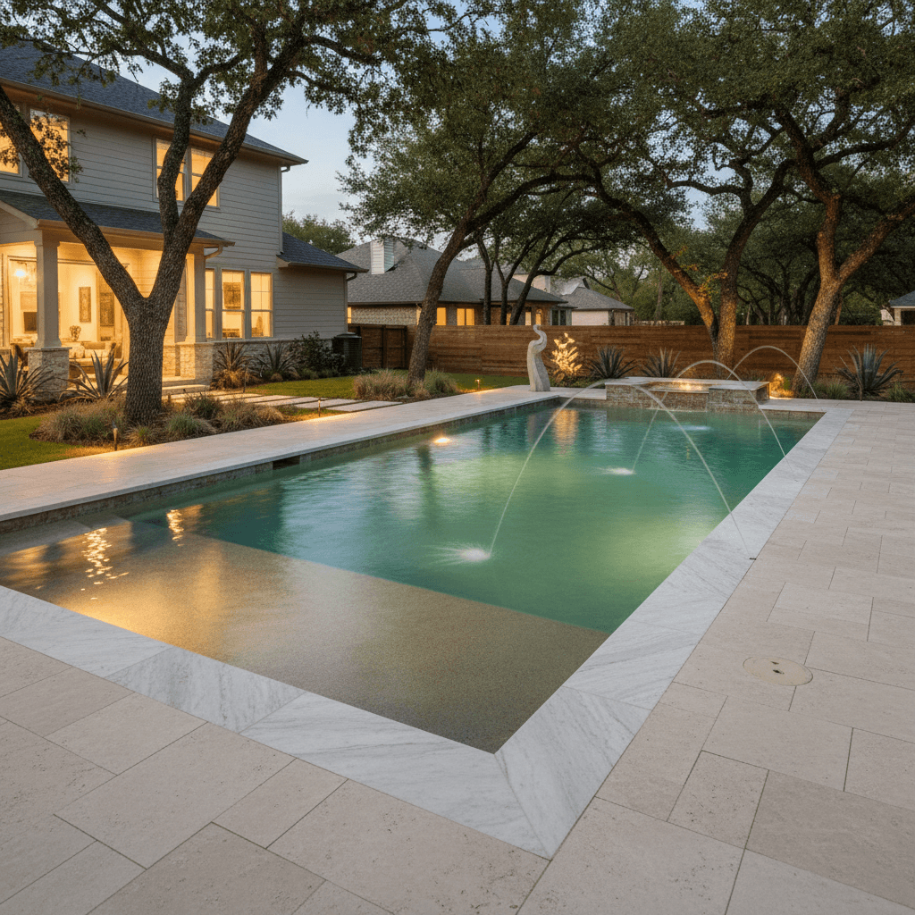 A modern rectangular pool with white marble coping, light paver deck, and deck jets in a backyard with a house and trees.