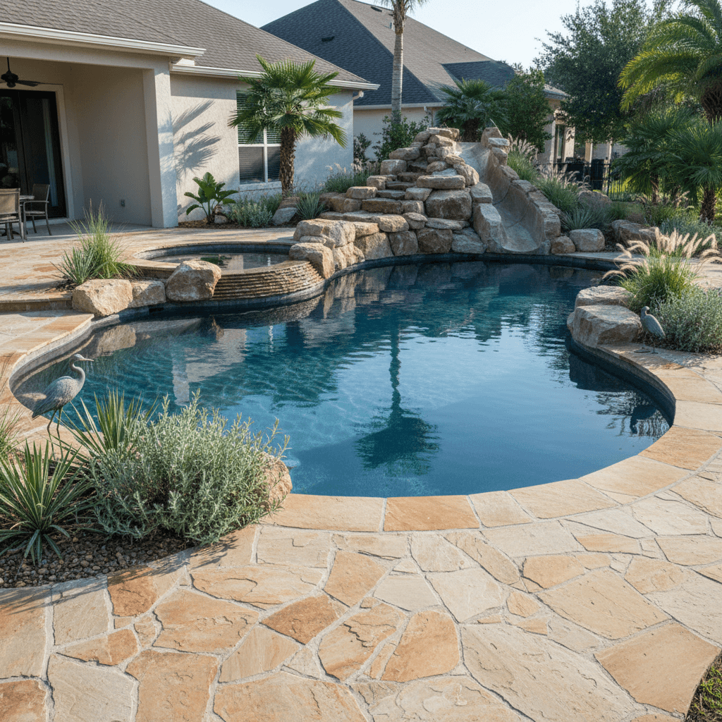 Freeform lagoon pool with a dark blue-black pebble interior, Oklahoma-style flagstone patio, and a boulder slide.