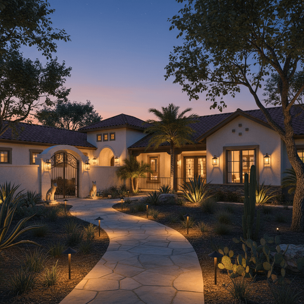 A San Antonio style home at dusk with a flagstone walkway, desert landscaping, and numerous path and accent lights.