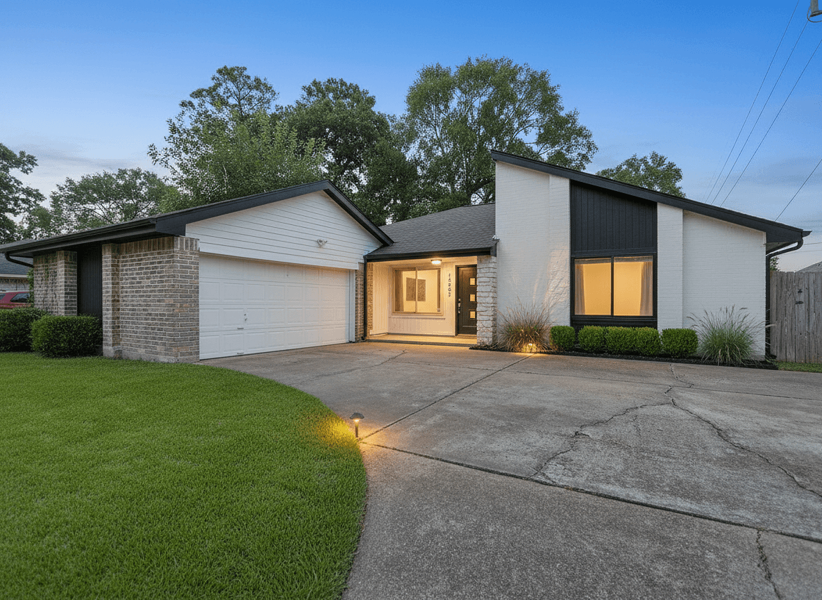 A modern home with white stucco, black window frames, black gutters, and a black front door, surrounded by boxwood and ornamental grasses.