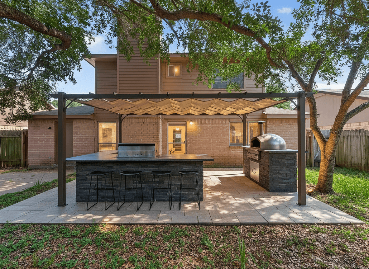 An outdoor kitchen with a steel-frame pergola, retractable sand-colored canvas shade, and a dome pizza oven.