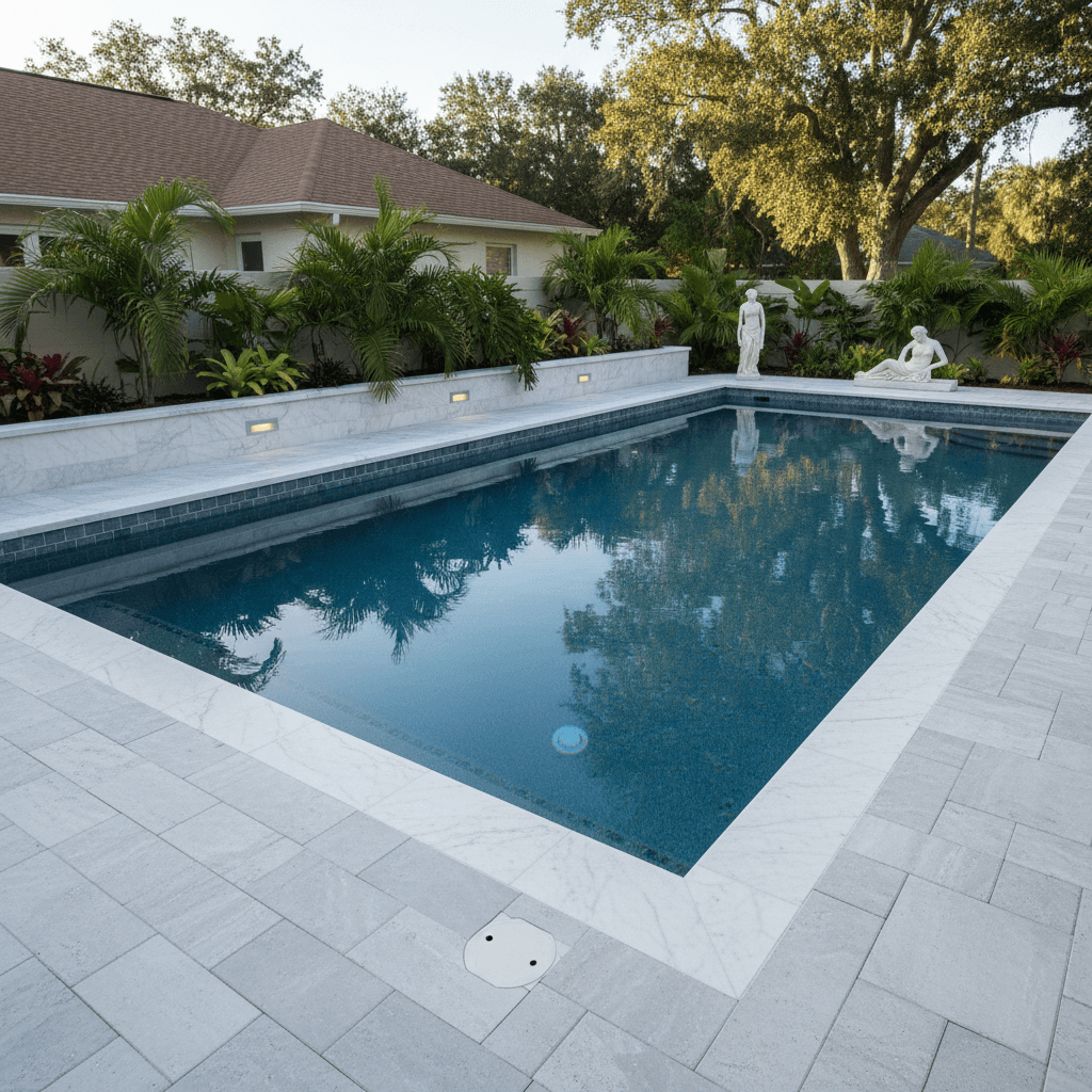 A rectangular swimming pool with white marble coping, light gray paver deck, and a raised planter wall with step lights.