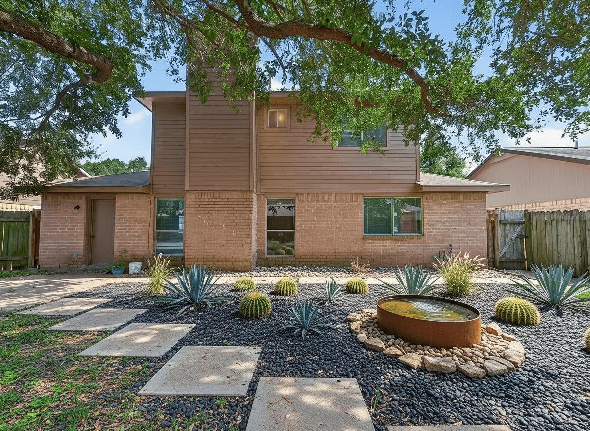 Front yard xeriscape with large concrete stepping pads, black pebbles, corten water bowl, agave, and barrel cactus.
