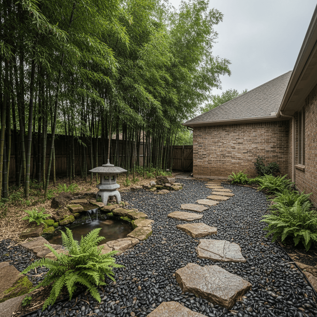 A Japanese-style garden featuring a stone lantern, small pond, and a path of natural stone pavers over dark river pebbles.