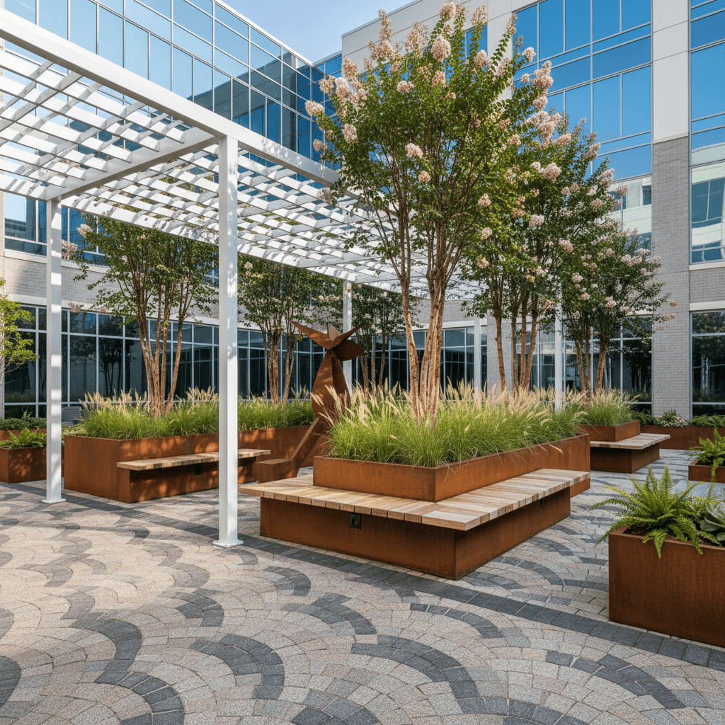 A commercial courtyard with granite setts, a white steel pergola, corten steel planters with timber benches, and crape myrtles.