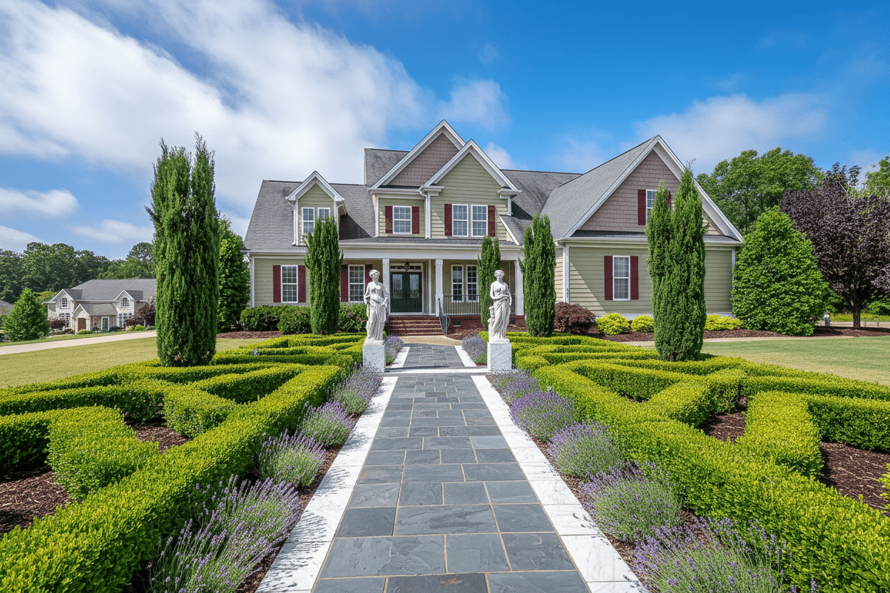 A formal courtyard garden with a dark slate path, white marble border, boxwood hedges, Italian cypress, and lavender.