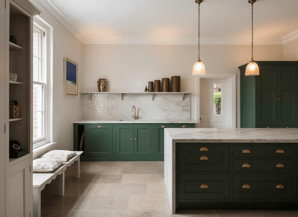 A kitchen with deep green shaker cabinets, a white marble island, and a white marble backsplash with a shelf.