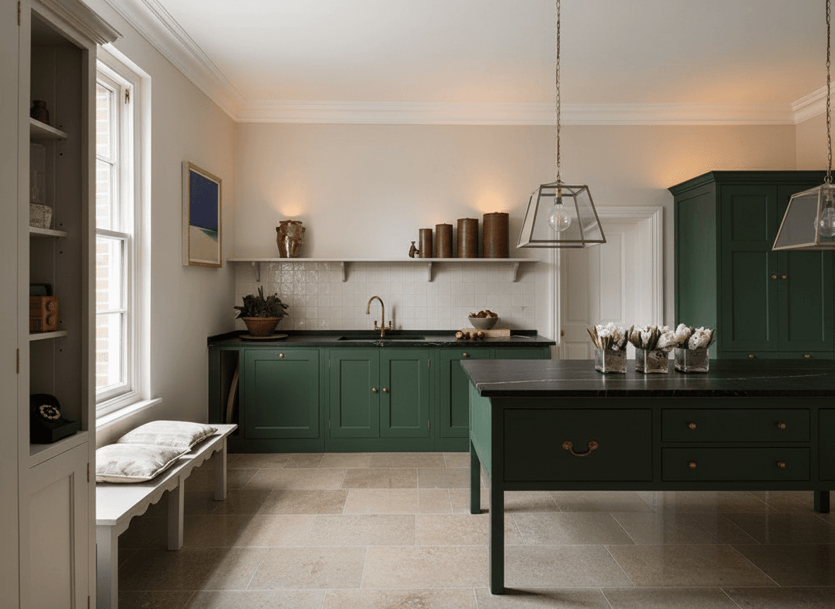 A kitchen with deep green shaker cabinets, honed black soapstone counters, and a soft white zellige tile backsplash.