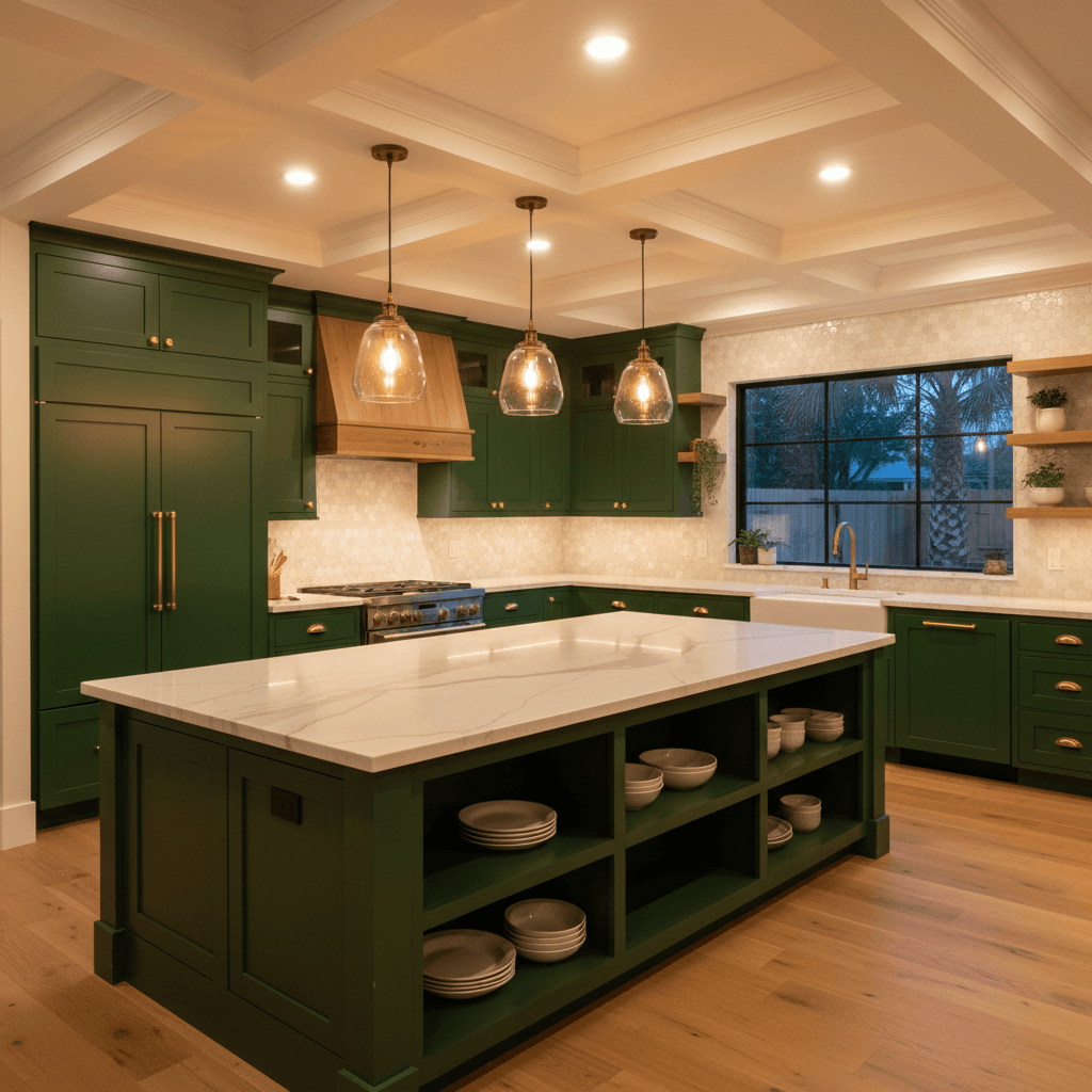 A kitchen with deep green shaker cabinets, a creamy marble island, and a soft white zellige tile backsplash.