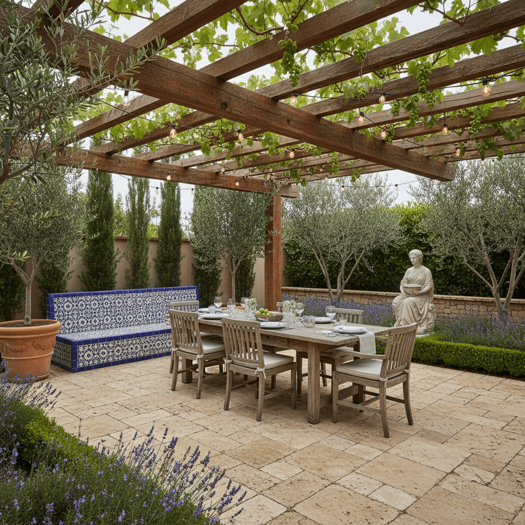 Outdoor dining terrace with a wooden pergola, grapevines, string lights, a mosaic bench, and olive trees.