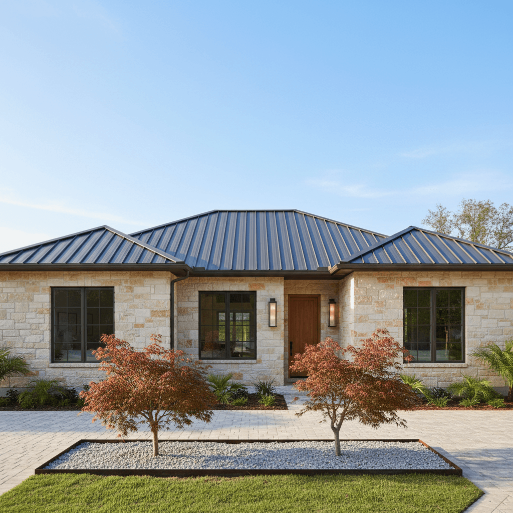 Exterior of a house with warm limestone cladding, charcoal standing-seam metal roof, and two Japanese maples.