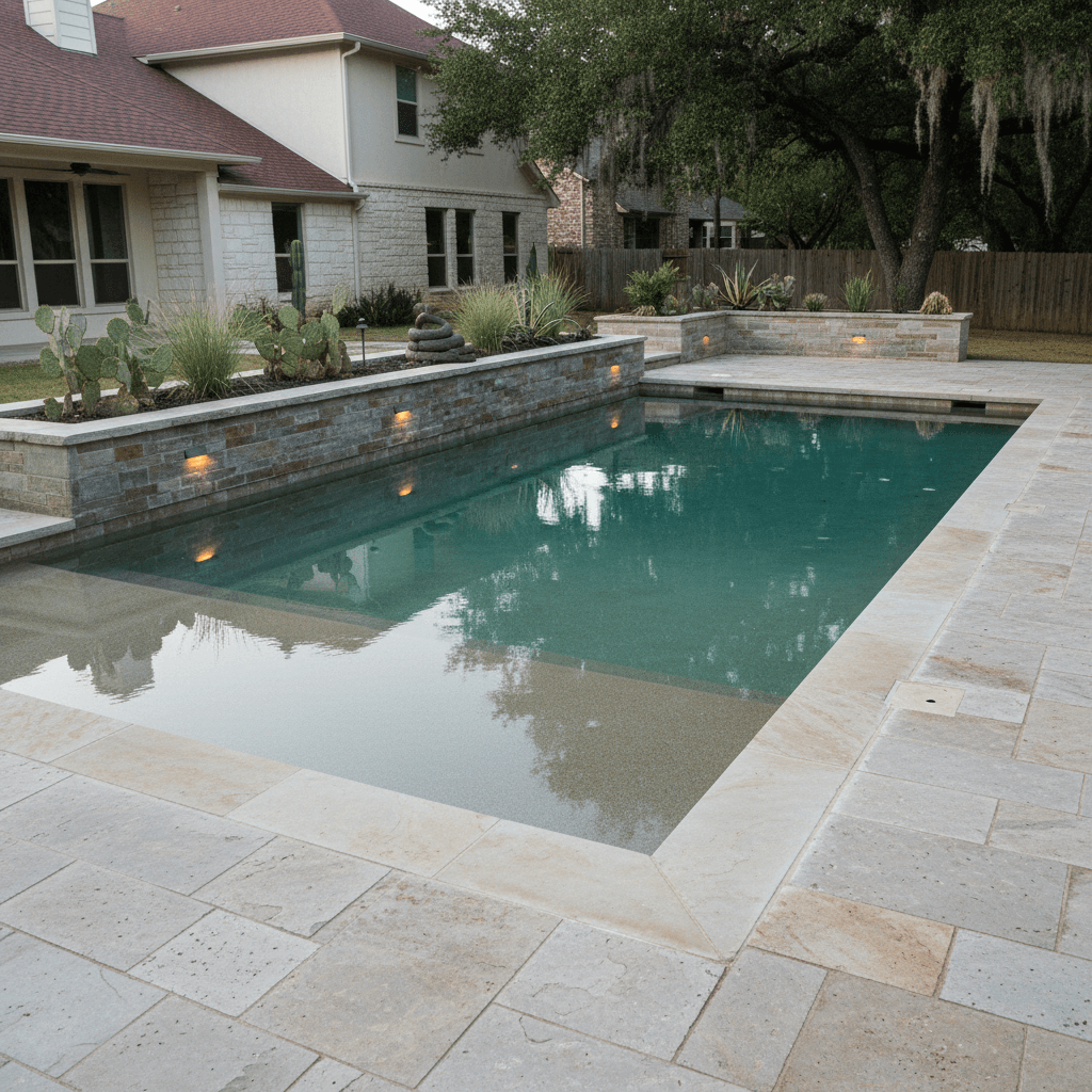 Rectangular pool with light-colored travertine coping and deck, a raised stone planter wall with step lights, and desert plants.