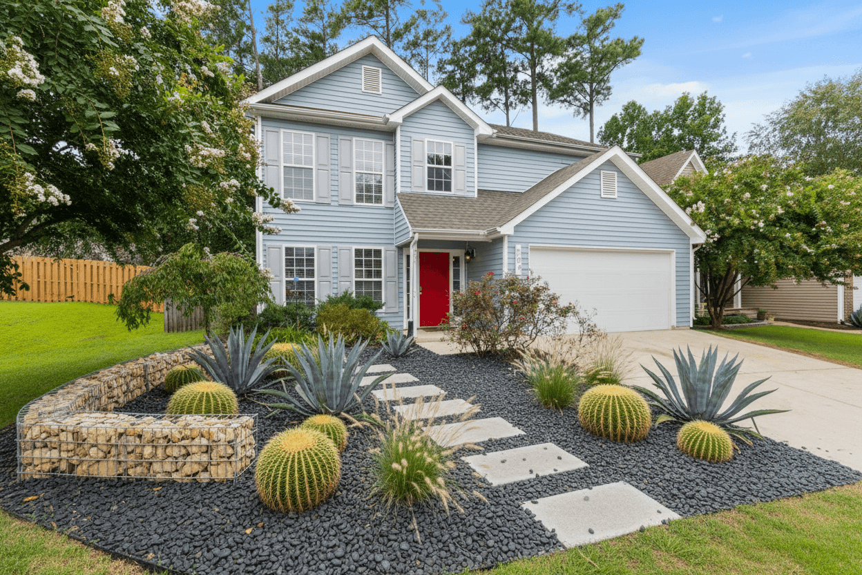 A front yard xeriscape featuring large concrete stepping pads, black pebbles, a gabion wall, agave, and barrel cacti.