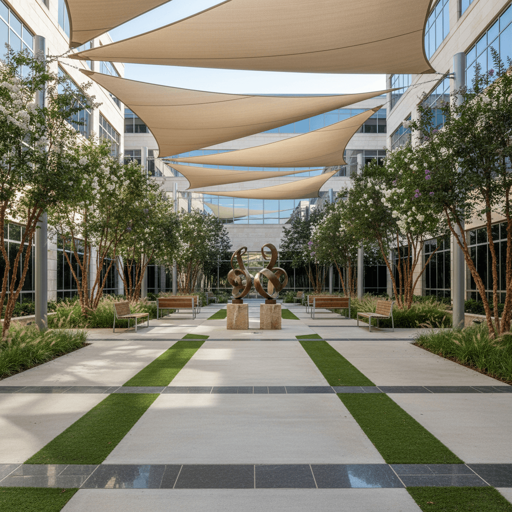 A commercial courtyard with smooth concrete, turf, dark granite, sand-colored shade sails, bronze sculptures, crape myrtles, and ornamental