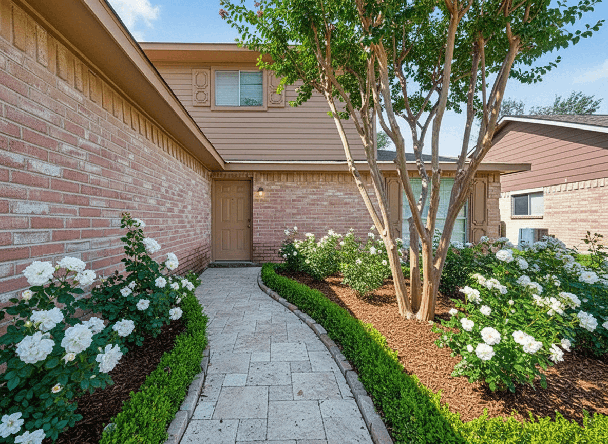 A front yard with a curved tumbled travertine walkway, a multi-trunk crape myrtle, white shrub roses, and boxwood borders.
