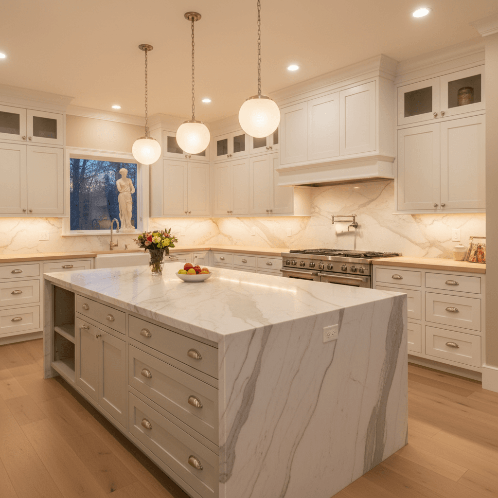 A spacious kitchen featuring a large creamy marble island, white inset cabinets, and a full-height marble slab backsplash.