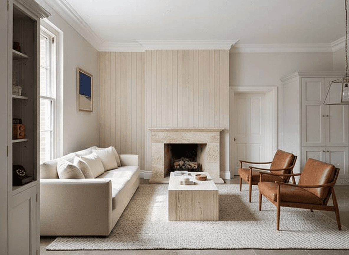 A living room with a cream boucle sofa, two cognac leather chairs, a travertine coffee table, and a fireplace.