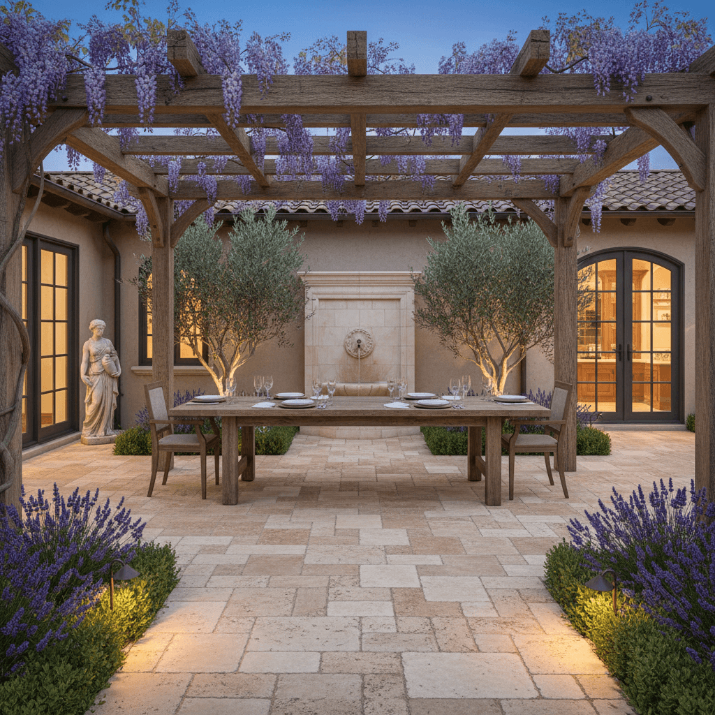 An outdoor dining terrace with a timber pergola covered in wisteria, a long dining table, and a carved wall fountain.