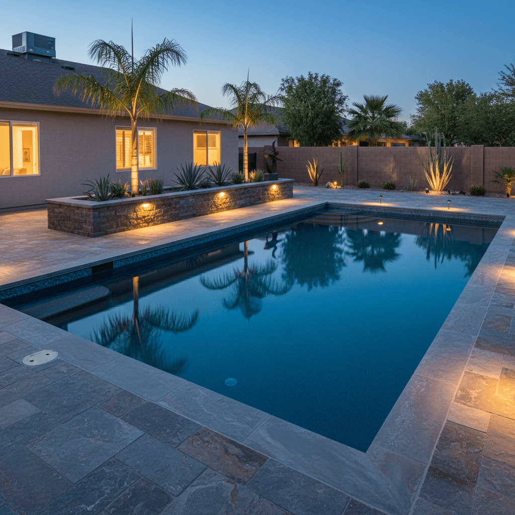 Rectangular pool with bluestone coping and deck, a raised stone planter wall, and desert landscaping at dusk.