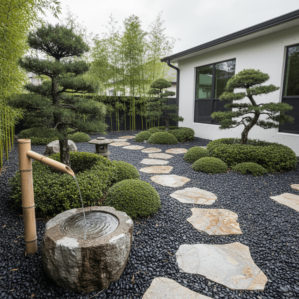 A Japanese-style garden featuring a bamboo water spout, stone basin, dark river pebbles, flagstone path, and cloud-pruned pines.